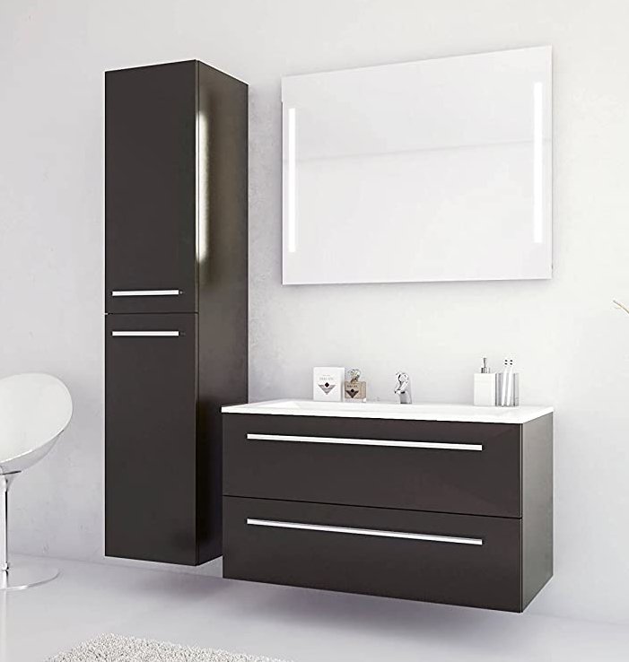 Badmöbel Set dunkel Anthrazit Waschtisch Unterschrank Hochschrank Badspiegel I schwarz grau modern hochwertige Qualität90 x 50 cm