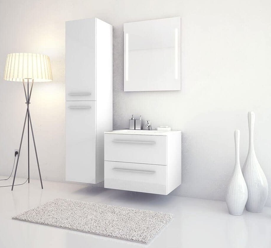 Badmöbel Set weiß Waschtisch mit Unterschrank Hochschrank und Badspiegel modern kleines Bad I Weiß 60 x 50 cm günstig – hochwertige Qualität