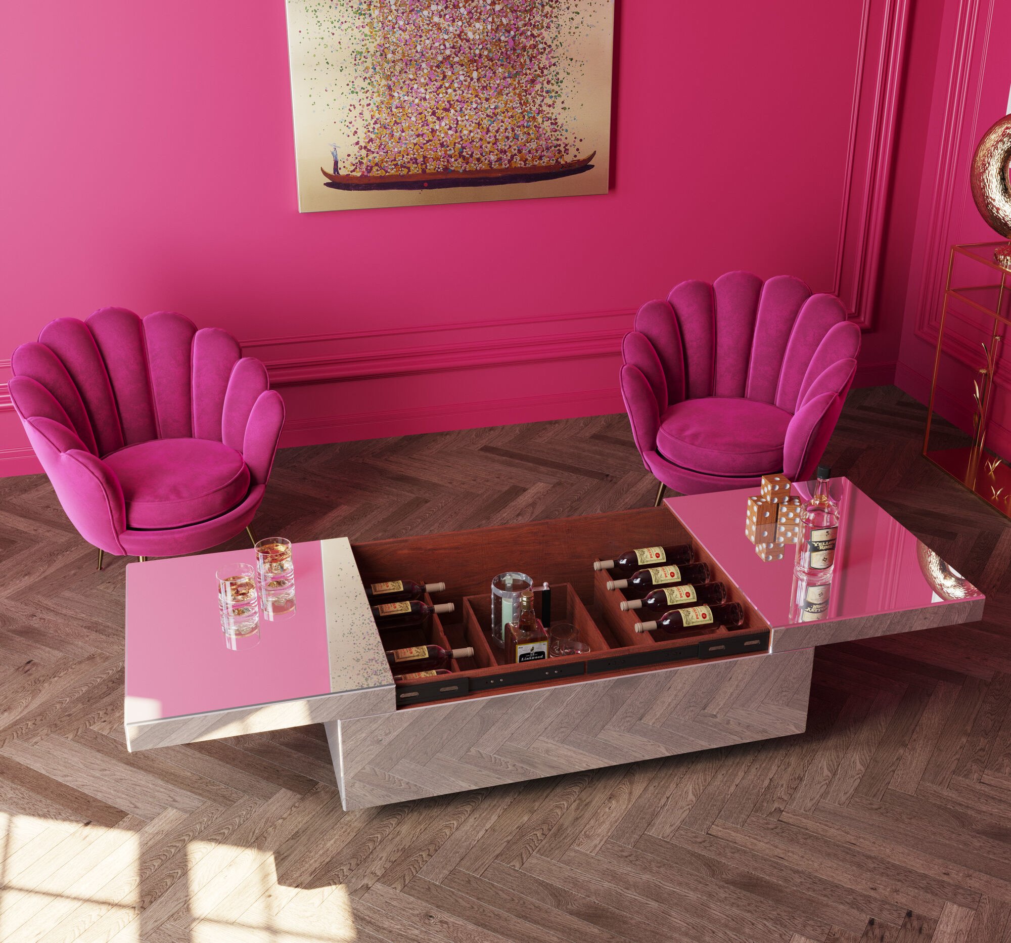 Edler Couchtisch Bar Luxury 120x75cm Spiegel Designertisch Spiegeltisch ausklappbar Tisch-Bar elegantes Möbelstück Design Tisch verspiegelt exklusiv