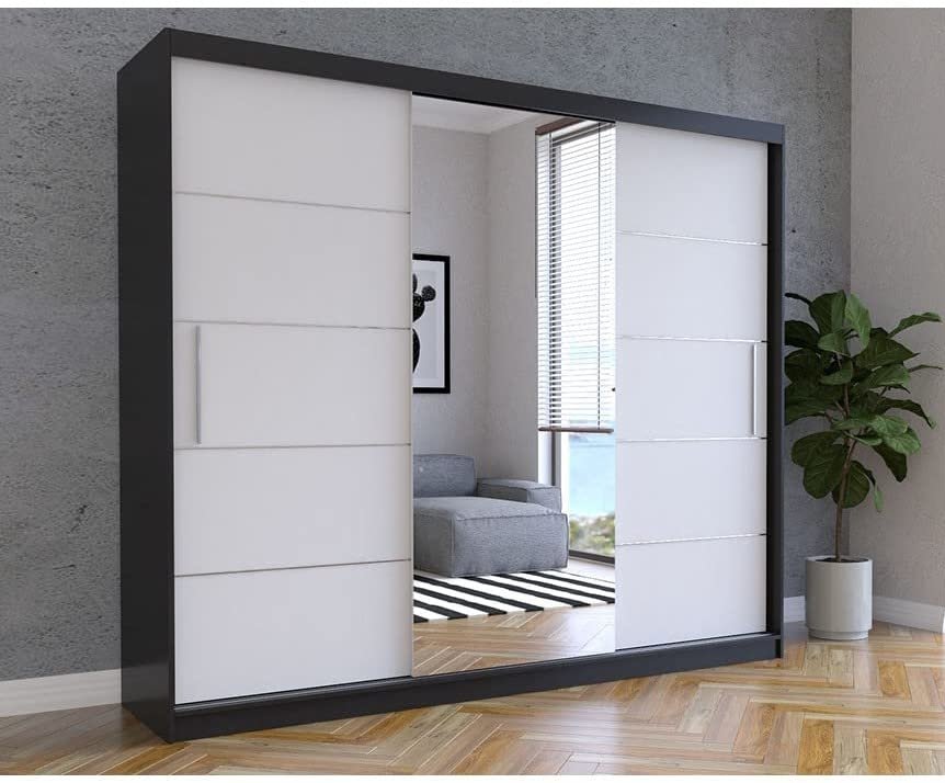 Hochwertiger Kleiderschrank Modernes Design Weiß Schwarz Schwebetürenschrank 250 cm Spiegel Schlafzimmerschrank Schiebetürenschrank günstig