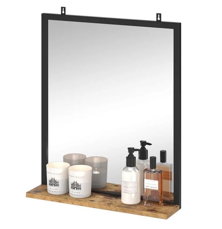 Kleiner Badspiegel Holz Dekor Badezimmerspiegel 50 x 60 cm mit Ablage Wandspiegel für Badezimmer Vintage Shabby Chic rustikal modernes kleines Bad