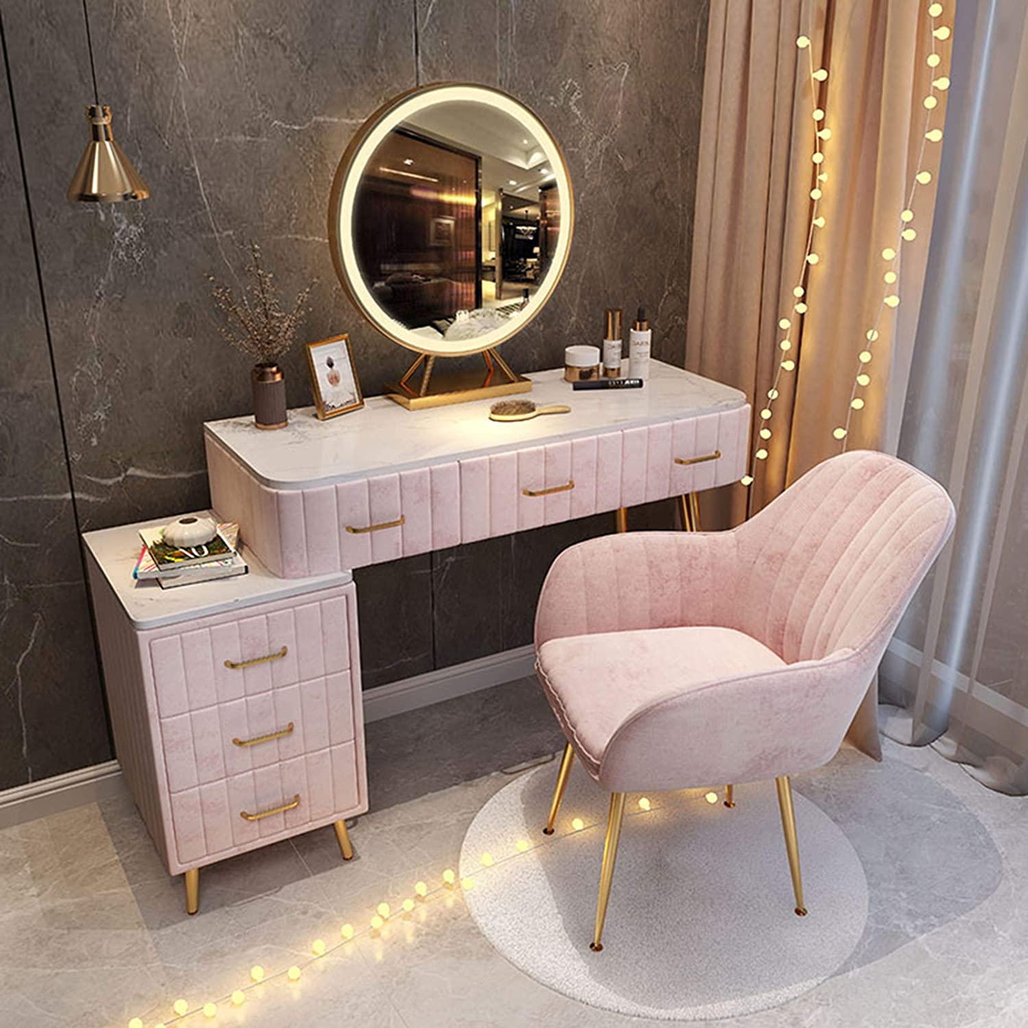 Kosmetiktisch Make-up Tisch Mädchen Kommode Im Schlafzimmer, viel Stauraum LED Spiegel & Make-up Hocker, Marmor Tischplatte Frisiertisch