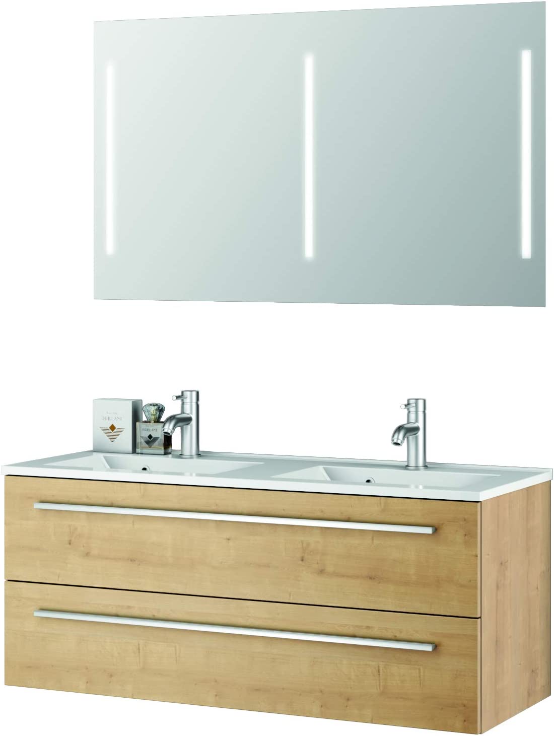 Modernes Bad Doppelwaschtisch Unterschrank 120 x 50 cm Spiegel mit Beleuchtung, Badmöbel Set Eiche Natur Holz Badezimmer Kombination Qualität