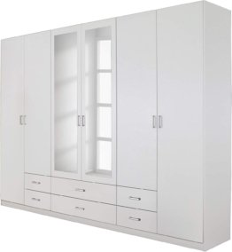 Schlafzimmer Schrank Drehtürenschrank moderner funktioneller Kleiderschrank in Weiß mit Spiegel Kleiderstangen Einlegeböden 271 x 210 x 54 cm