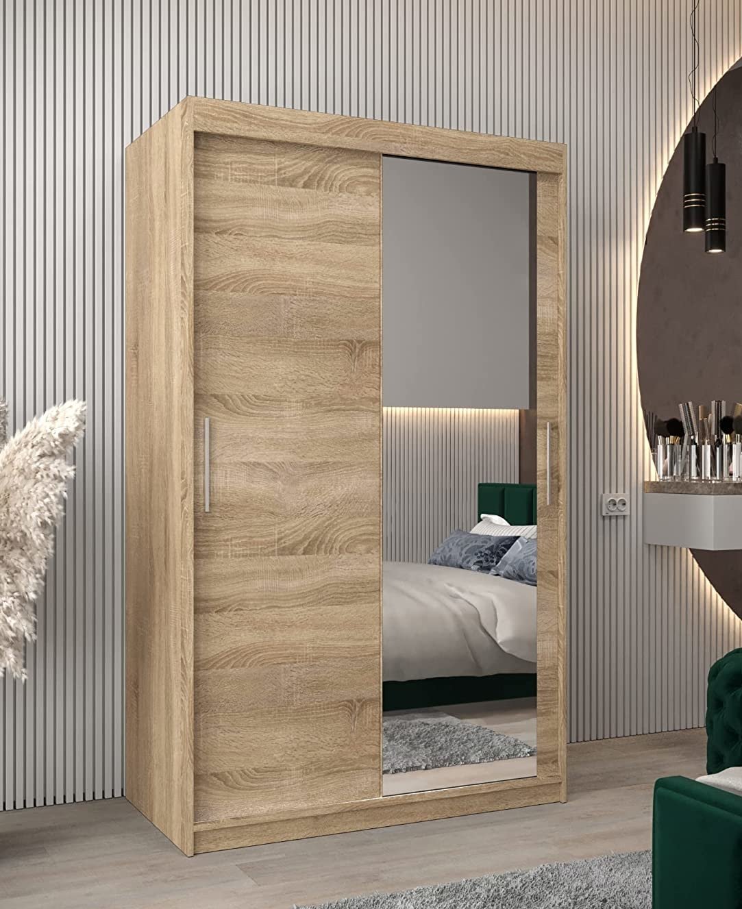 Schwebetürenschrank 120 cm mit Spiegel Eiche Holz Natur Schiebetüren Kleiderschrank platzsparender, moderner und funktioneller Schlafzimmer Schrank