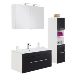 Bad Möbel Set Badezimmer Schrank Seidenglanz schwarz dunkel Hochschrank und 100cm Mineralguss Waschtisch Waschbecken Spiegelschrank