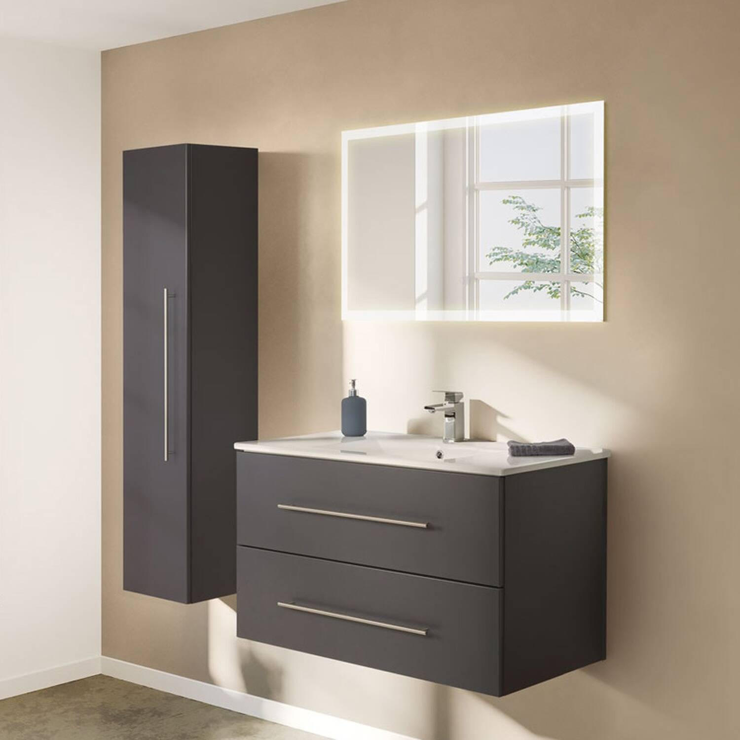 Badezimmer Set anthrazit Seidenglanz dunkel mit Waschbecken modernes Badezimmer Designmöbel Badschrank Waschtisch Gäste WC