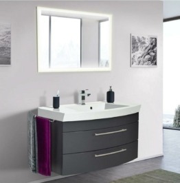 Badezimmer Waschplatz Set grau anthrazit Seidenglanz dunkel weiß Waschbecken LED Leuchtspiegel Gäste WC Bad Möbel Set modern