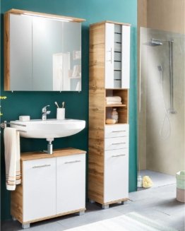 Badezimmerset Eiche Landhaus in weiß Badmöbel Set 115,8/200/32,6 cm Spiegelschrank LED Leuchte Bad Möbel Kombination kleines Bad WC