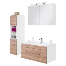 Badmöbel Natur Holz Badezimmermöbel Set Eiche hell mit 100cm Mineralguss-Waschtisch Waschbecken Spiegelschrank modern weiß