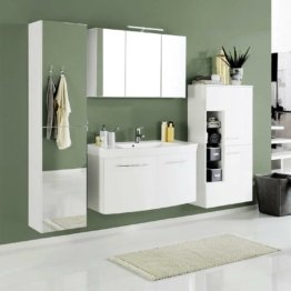 Badmöbel Set Hochglanz weiß Spiegel Waschtisch Hochschrank mit Spiegeltür Badezimmer Kombination Möbel modern hochwertig