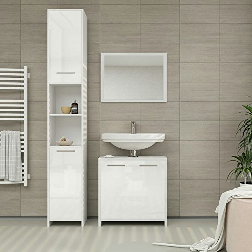 Badmöbel Set Weiß Hochglanz modern - Badezimmer Spiegel Badschrank Unterschrank Bad Hochschrank günstig