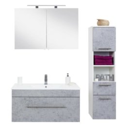 Badmöbelset Beton Industrie Design Grau modern mit Waschtisch und Hochschrank Spiegelschrank mit LED Beleuchtung Badschrank