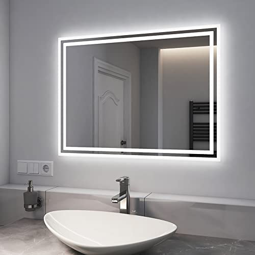 Beleuchteter Badspiegel 50x70cm Wandspiegel Beschlagfrei Taste Kaltes weißes Licht Warmweißes Licht Flur Bad Lichtfarben modern