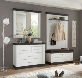 Elegantes Garderobenset im modernen Design Garderobenset Pinie Weiß Wenge Holz Natur Spiegel hochwertige Flurmöbel Sitzbank