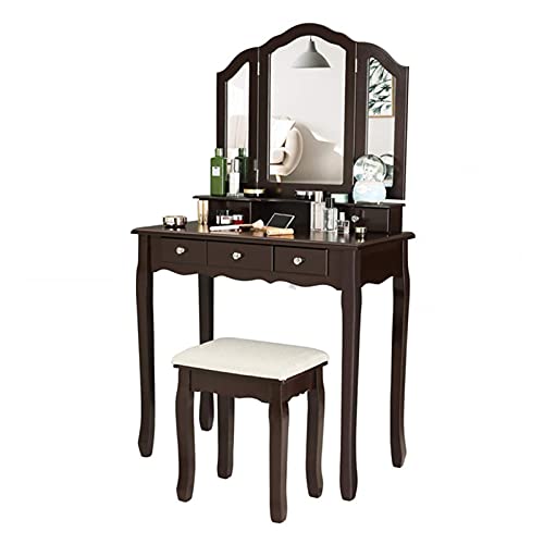 Elegantes Schmink Möbel Set Schlafzimmer Schminkkommode Schmink Tisch dunkles Holz Natur Hocker Spiegelmöbel Vanity Set Makeup
