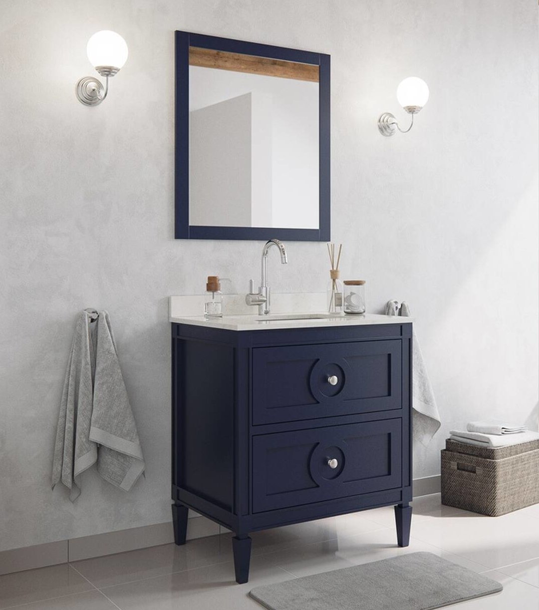 Exklusives Badmöbel Set Landhausstil Massivholz in blau lackiert Spiegel blauer Waschtisch mit Waschbecken 76 cm hochwertig elegantes Badezimmer