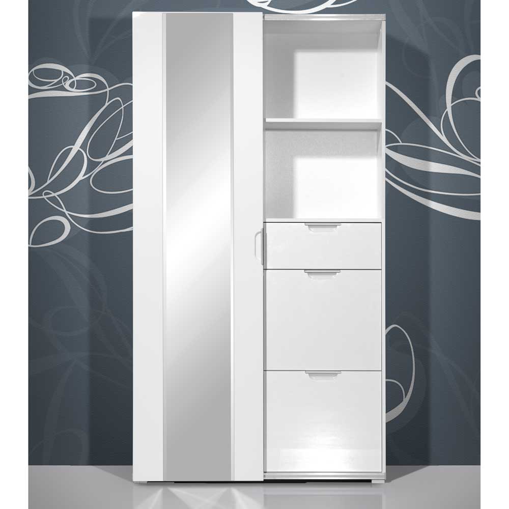 Garderobe in Hochglanz Weiß kompakt moderner Flurschrank mit Spiegel Ablage Schuhschrank Spiegelschrank Garderobenschrank