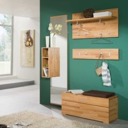 Garderobenkombination aus Kernbuche Garderoben Set Massivholz Spiegel Natur Holz Flur Diele Schrank Ablage Buche Massiv Sitzbank Regal