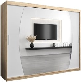 Großer moderner Schwebetürenschrank Sonoma Eiche Holz Natur Weiß 250 cm mit Spiegel Kleiderschrank Kleiderstange Einlegeboden Schlafzimmer Schiebetüren Modernes Design