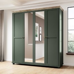 Grüner Kleiderschrank Landhausstil 200 cm breit mit 2 Spiegeln, 4 türig in grün Eiche Landhaus Schrank mint Pastell Farben hochwertig Schlafzimmer Möbel