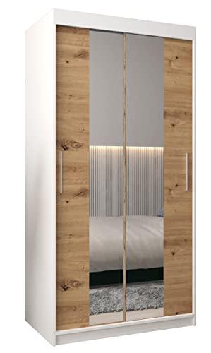 Holz Dekor Kleiderschrank Schwebetürenschrank 100 cm mit Spiegel kleines Zimmer Schlafzimmerschrank Schiebetüren Modernes Design Weiß Artisan Eiche