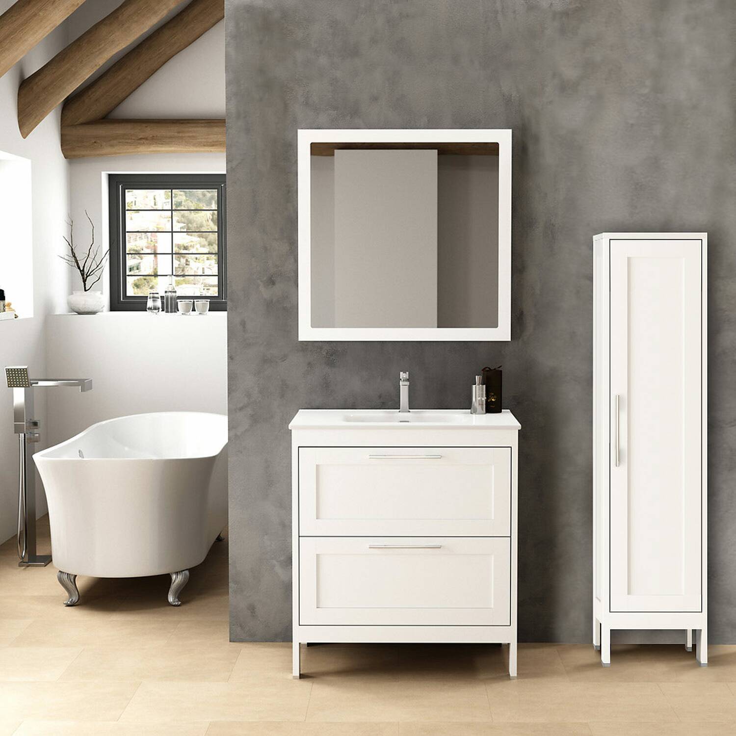 Landhaus Badmöbel Set mit Hochschrank & Spiegel matt weiß ca. 135/200/45cm modern helle Badezimmer Möbel Badschrank hochwertig