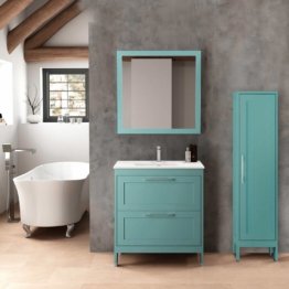 Landhaus Badmöbel Set türkis blau mit Hochschrank & Spiegel deep blue 135/200/45cm farbige Bad Möbel Land Haus Badezimmer Schränke