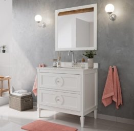 Landhaus Waschtisch Set Massivholz in weiß lackiert weiße Badmöbel Schrank Waschbecken Wandspiegel klassischer Badschrank Top Qualität