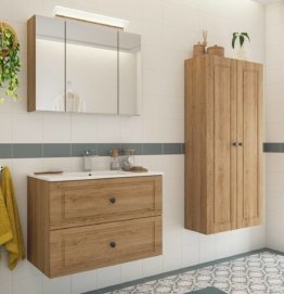 Landhausstil Badezimmer Möbel Set Eiche hell Natur Holz mit Waschbecken Spiegelschrank Landhaus Badmöbel Set modern Badschrank hochwertig