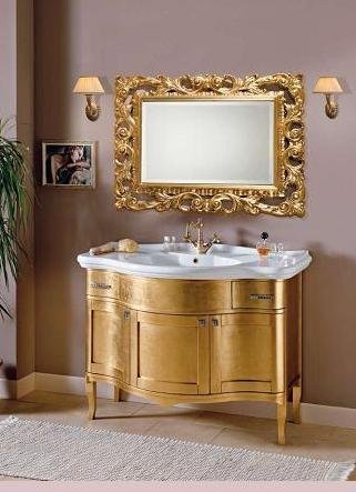 LUXUS Badezimmermöbel Blattgold Möbel mit Waschbecken Spiegel Goldene Spiegelmöbel Bad exklusive Badezimmer Möbel