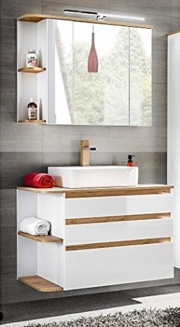 Modernes Badmöbelset weiß & Eiche Holz Natur Hochglanz elegant Waschtisch Keramik-Waschbecken Unterschrank LED-Spiegelschrank