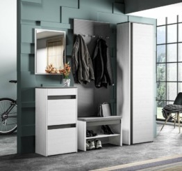 Modernes weißes Garderobenset I Schneekiefer Anthrazit Grau schwarz dunkel Design Möbel Flur Schrank Set Spiegel Ablage Sitzbank