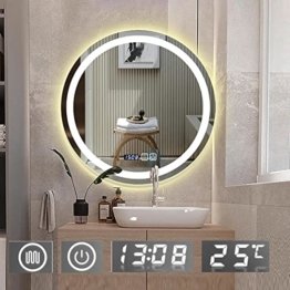Runder Badspiegel 50/60/70/80 cm mit Heizung Beschlagfrei Touch Schalter moderner Spiegel mit LED Beleuchtung Digital Uhr Digitaluhr