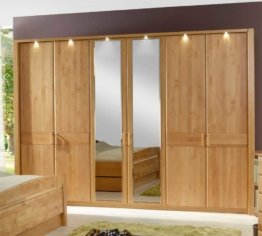 Schlafzimmerschrank aus Erle Holz Natur Massiv Großer Kleiderschrank mit Spiegel - Beleuchtung Landhaus helles Design hochwertige Qualität