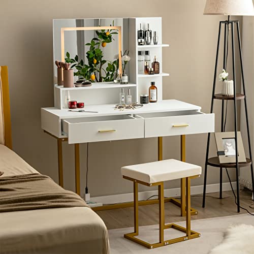 Schminktisch weißer Goldener Kosmetiktisch mit LED Beleuchtung großem Spiegel Schubladen Regalen Ablage Frisiertisch Hocker für Schlafzimmer