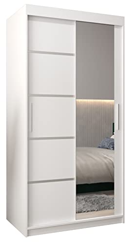 Schwebetürenschrank 100 cm schmal platzsparend mit Spiegel Kleiderschrank Schlafzimmer Garderobe Schrank Schiebetüren Modern Design (Weiß)