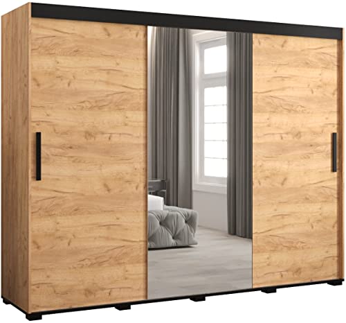 Schwebetürenschrank Kleiderschrank Breite 250 cm Modern Design Eiche Kraft Gold + Schwarz mit 4 Schubladen Holz Dekor Natur großer Spiegel