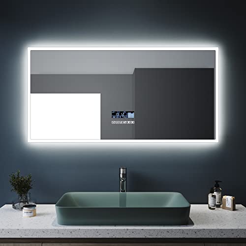 Smarter Badspiegel mit Beleuchtung 120x60 cm Badezimmer Spiegel Bluetooth Lautsprecher LED Badspiegel beschlagfrei mit Uhranzeige Lichtspiegel Badezimmerspiegel Wandspiegel