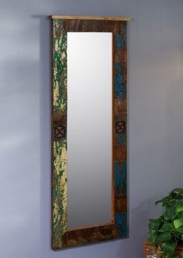 Spiegel Altholz mehrfarbig lackiert bunt Design Wandspiegel farbig Holzrahmen extravagant hochwertiges Unikat Einzelstück 59x5x145