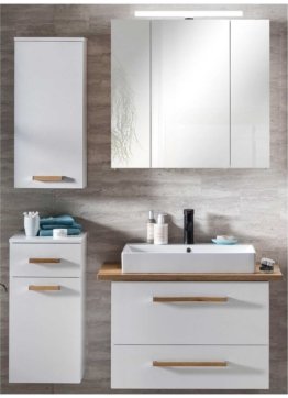 Weißes Badmöbel Set Spiegelschrank Waschtisch weiß Eiche Holz Natur Landhaus Bad Möbel 140/200/50 cm modern Qualität Badezimmer Ausstattung