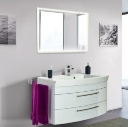 Weißes Badmöbelset Hochglanz Luxus modernes Bad WC runde Front Waschplatz und LED Spiegel 100 cm Waschbecken Schrank