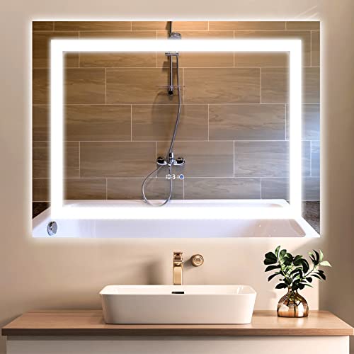 Badspiegel Beleuchtung Uhr 80x60cm Antibeschlag Smart Home Wandspiegel LED Badezimmerspiegel Beschlagfrei Kalkweiß Schalter IP44 Wasserdicht