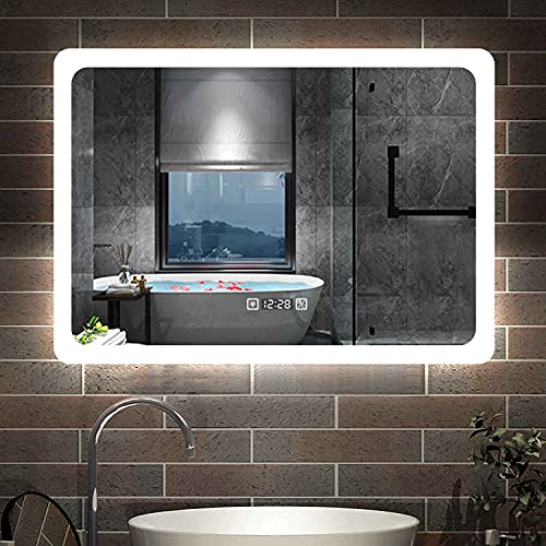 LED Badspiegel 70×50cm Wandspiegel mit Uhr, Touch, Beschlagfrei Badezimmerspiegel mit Beleuchtung Lichtspiegel Kaltweiß energiesparend