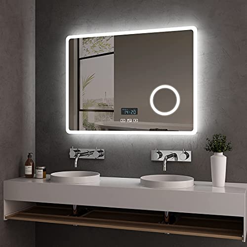 Moderner Smarter Wandspiegel Spiegel mit Beleuchtung LED Spiegel 80x60cm Badspiegel mit Touchschalter Beschlagfrei Uhr Bluetooth Lichtfarben Lichtspiegel