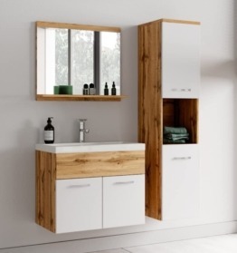 Badezimmer Badmöbel Set 60cm Waschbecken Eiche mit Weiß - Unterschrank Waschtisch Spiegel Möbel