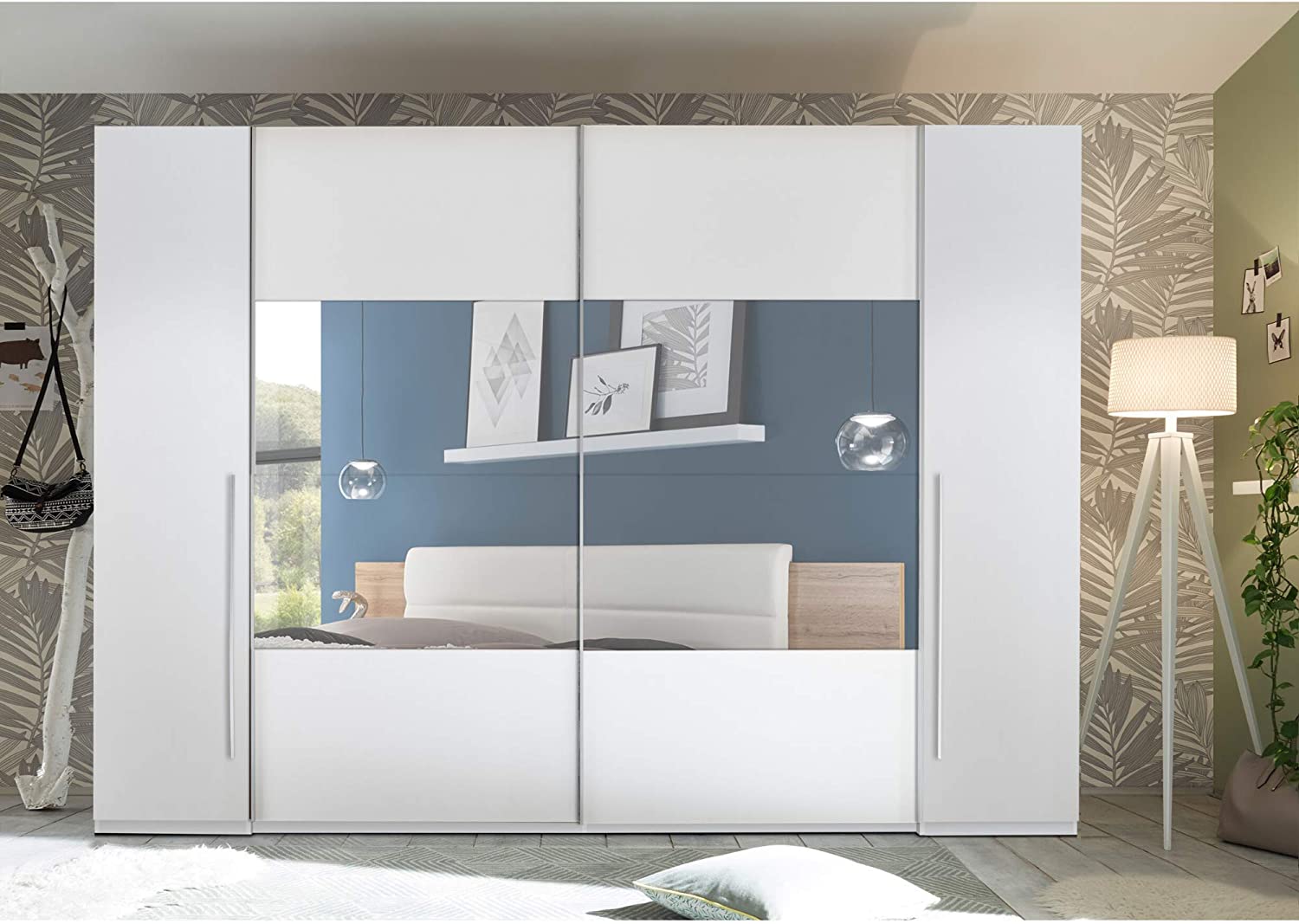 Eleganter Spiegel Kleiderschrank mit viel Stauraum – Vielseitiger Schwebetürenschrank in Weiß mit Spiegelfront 270 x 226 x 60 cm