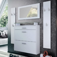 Garderobe Set, Garderobenset bestehend aus 1 Hängeschuhschrank, 1 Wandspiegel und 2 Garderobenpaneele Weiß matt