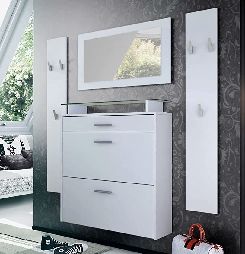 Garderobe Set, Garderobenset bestehend aus 1 Hängeschuhschrank, 1 Wandspiegel und 2 Garderobenpaneele Weiß matt