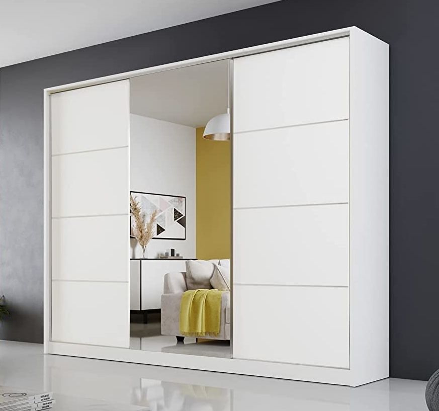 Großer Kleiderschrank mit Spiegel 270 x 205 x 60 cm Schwebetürenschrank Schrank Garderobe Schlafzimmer Farbe: Weiß Matt Mehrzweckschrank